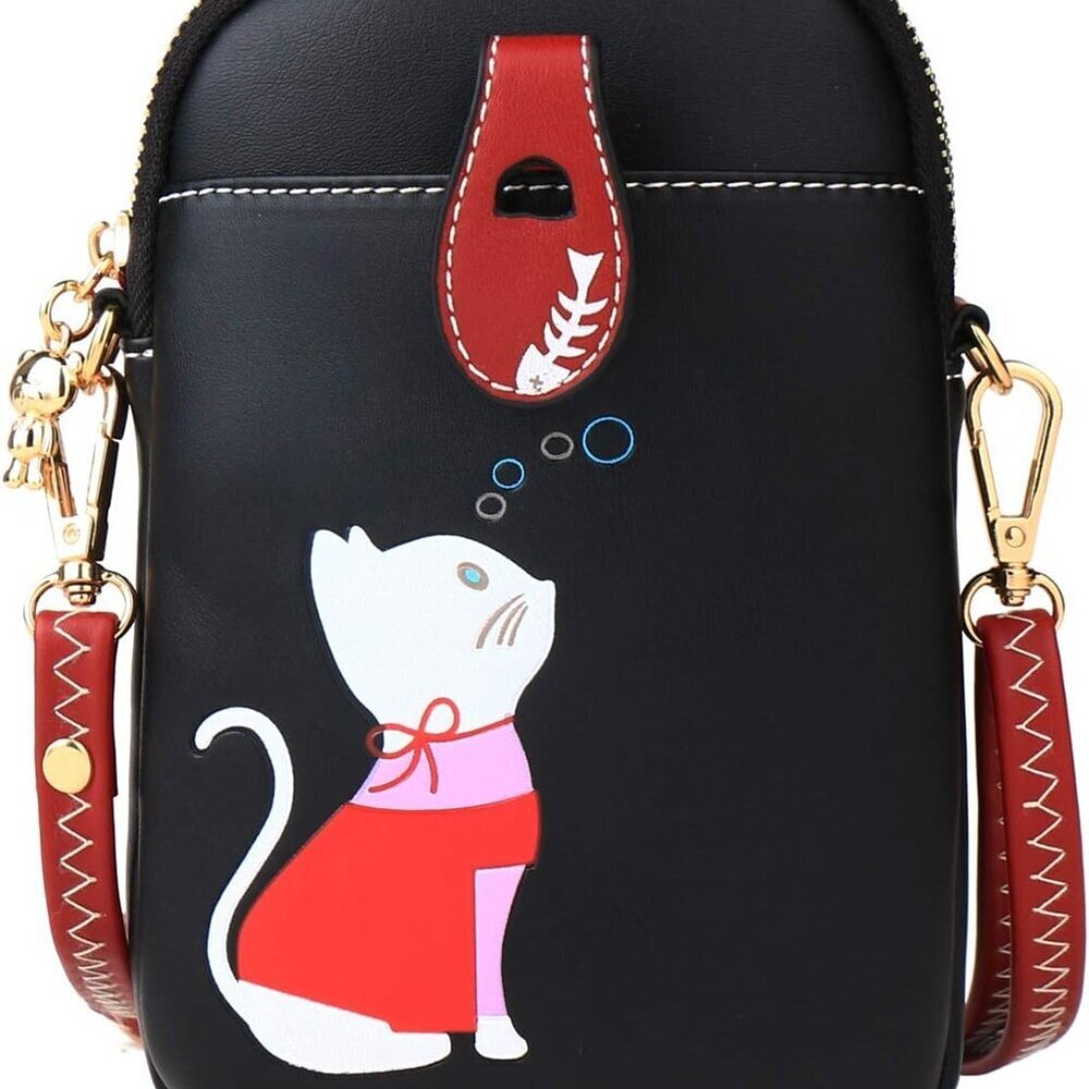 Leather Small Crossbody Bag for Women Cute Cat Design Lightweight Phone Purse